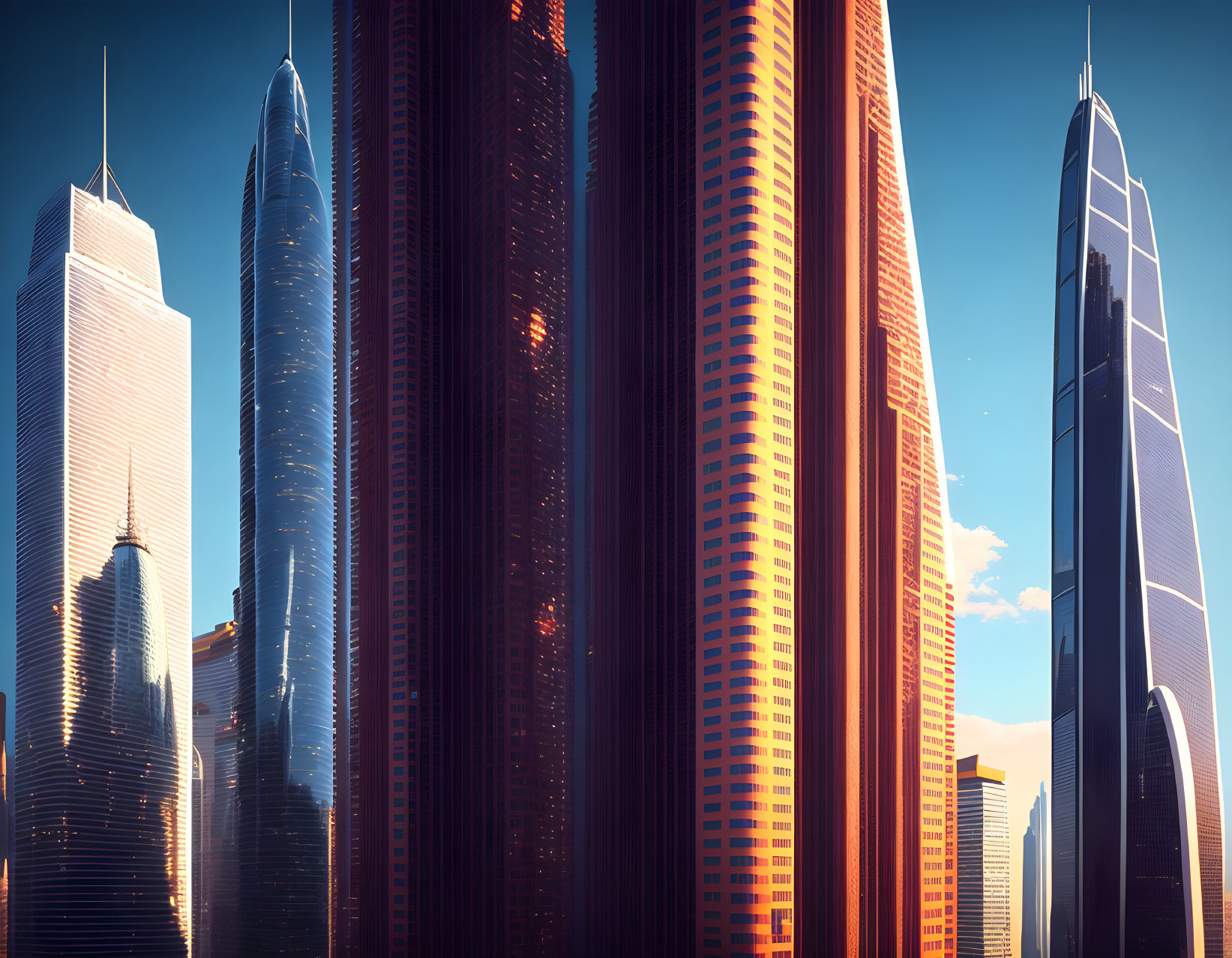 Modern cityscape with towering skyscrapers at sunset