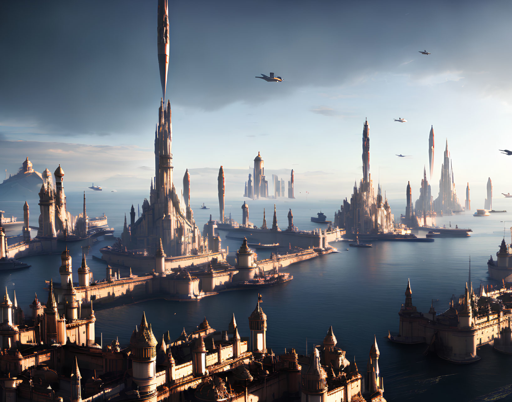 Futuristic cityscape with tall spires and flying vehicles