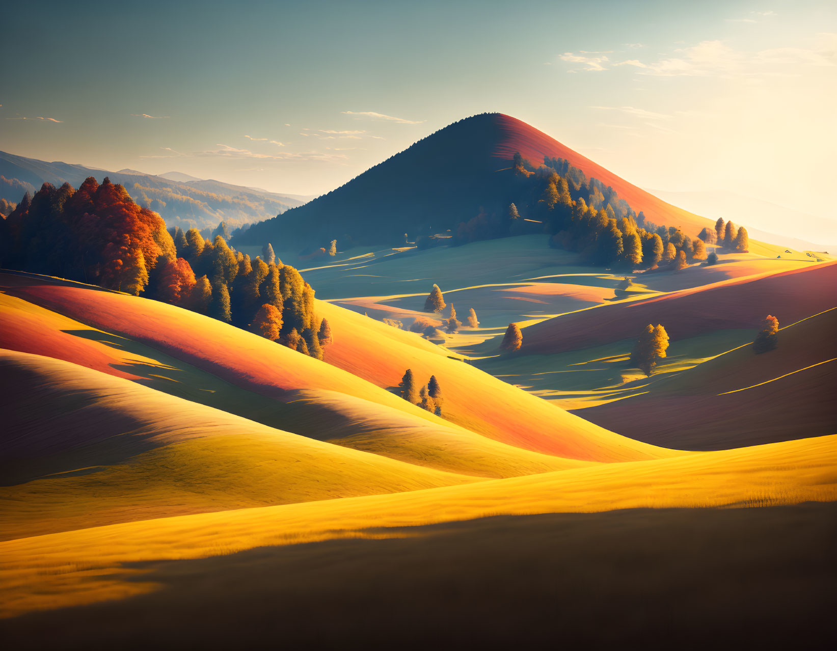 Vibrant autumn colors on rolling hills at sunrise