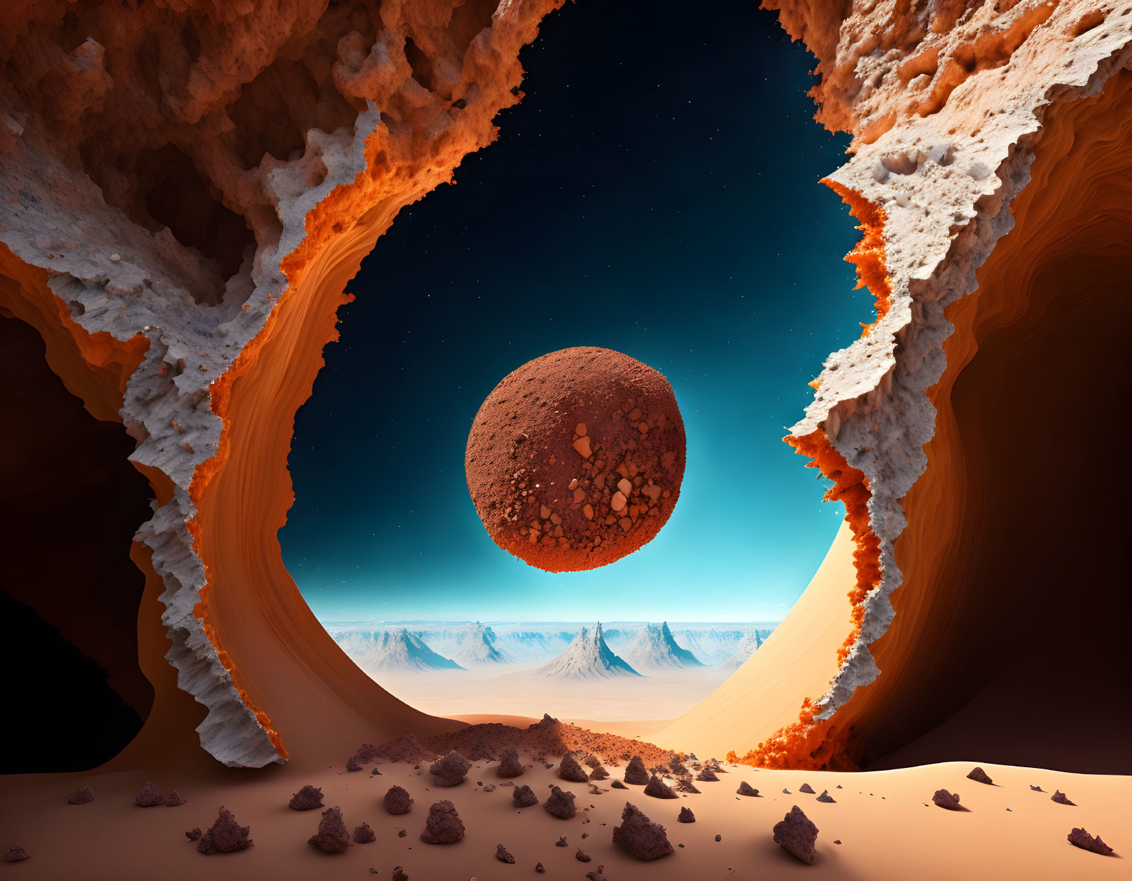 Surreal landscape with cave, desert, icy mountains, and floating rocky sphere