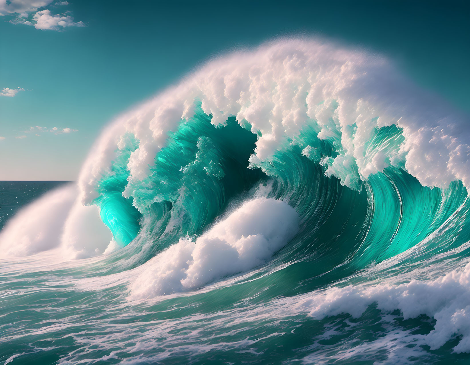 Turquoise Wave Curling with White Foam on Clear Sky