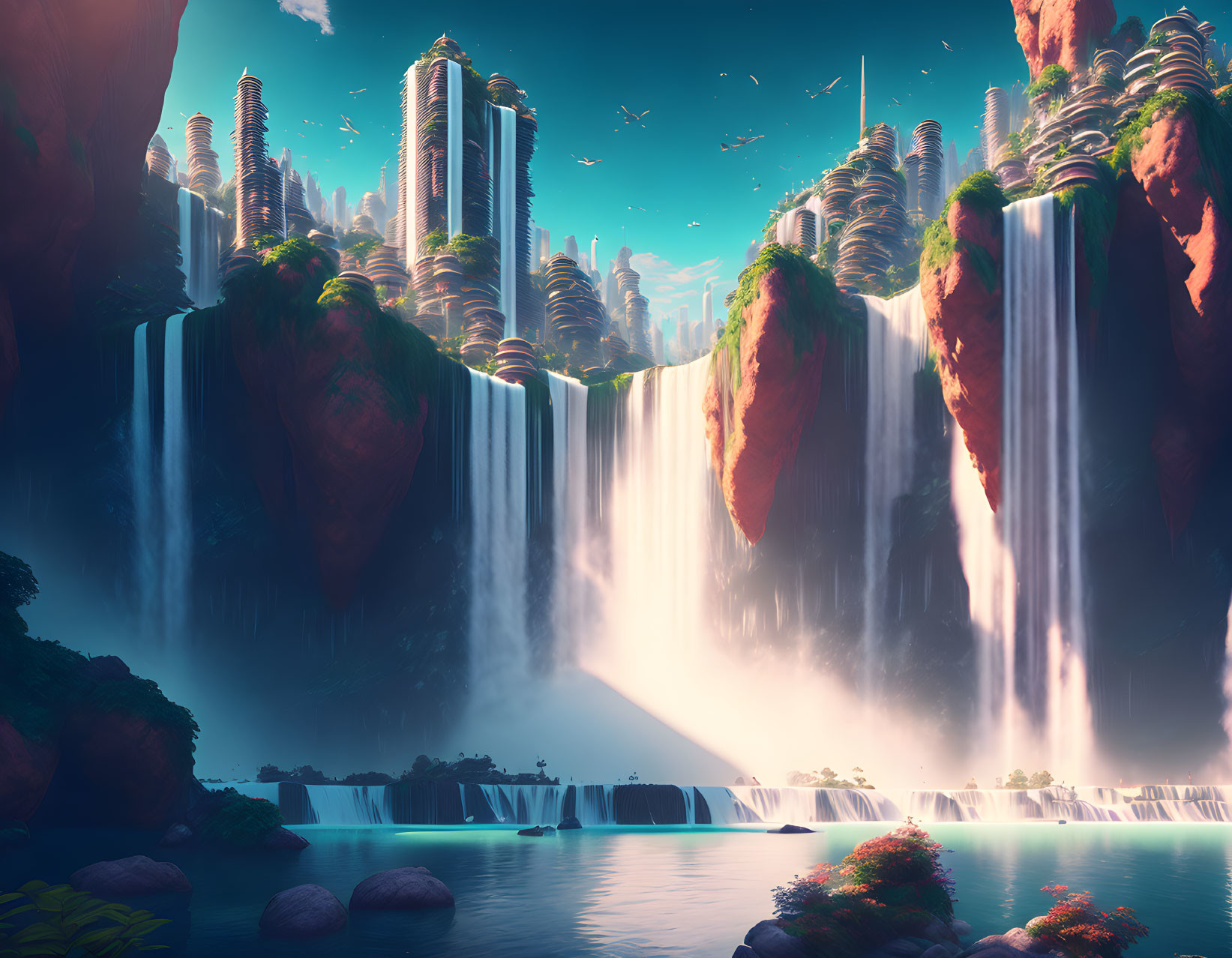 Futuristic cityscape with skyscrapers, waterfalls, cliffs, and lakes