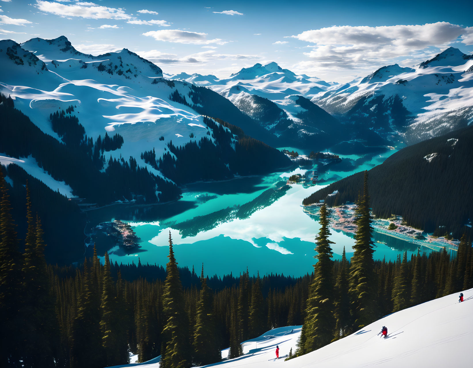 Snow-covered mountains, alpine lake, pine forests, and skiers in a breathtaking landscape