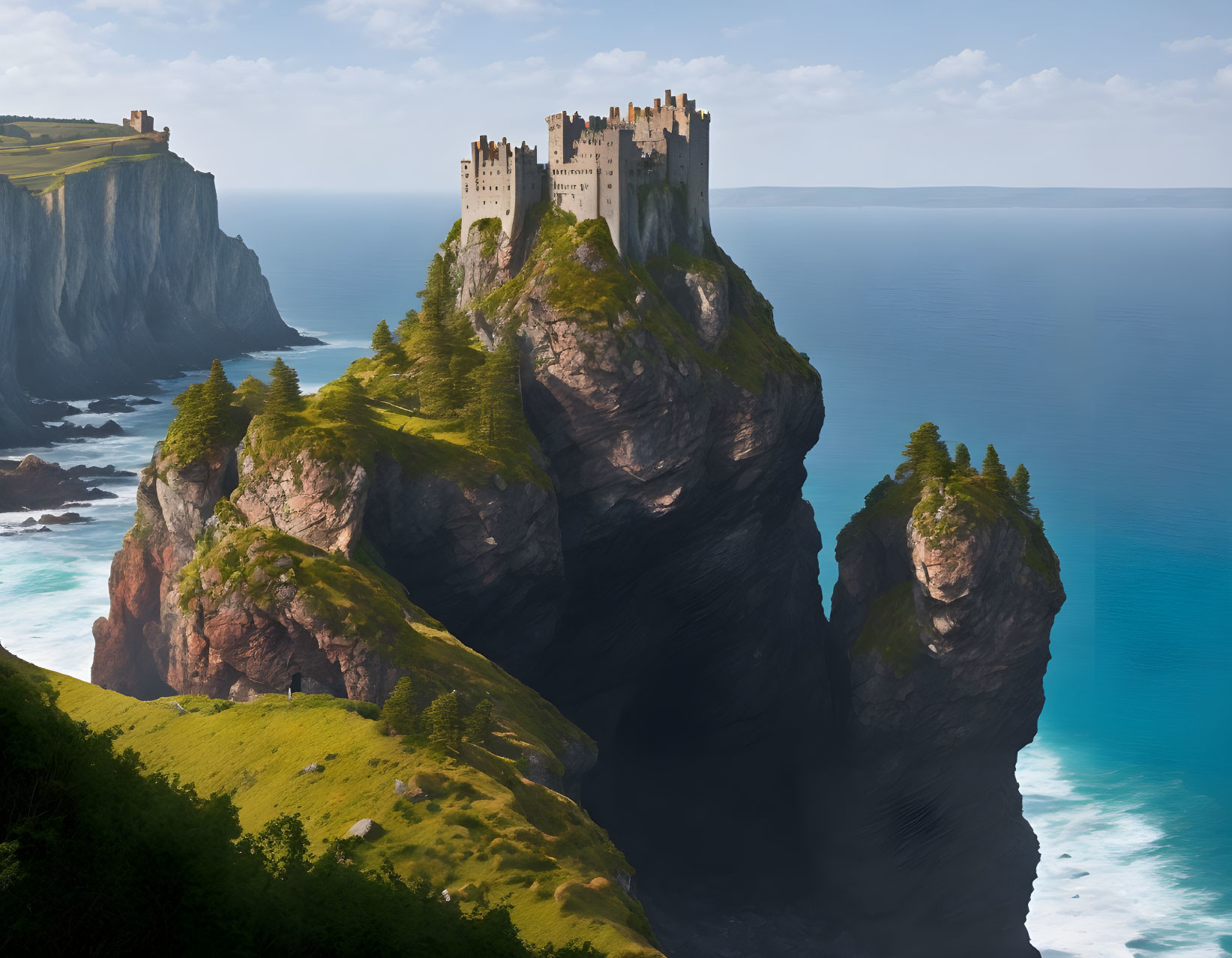 Castle on Dual-Peaked Cliff Overlooking Ocean