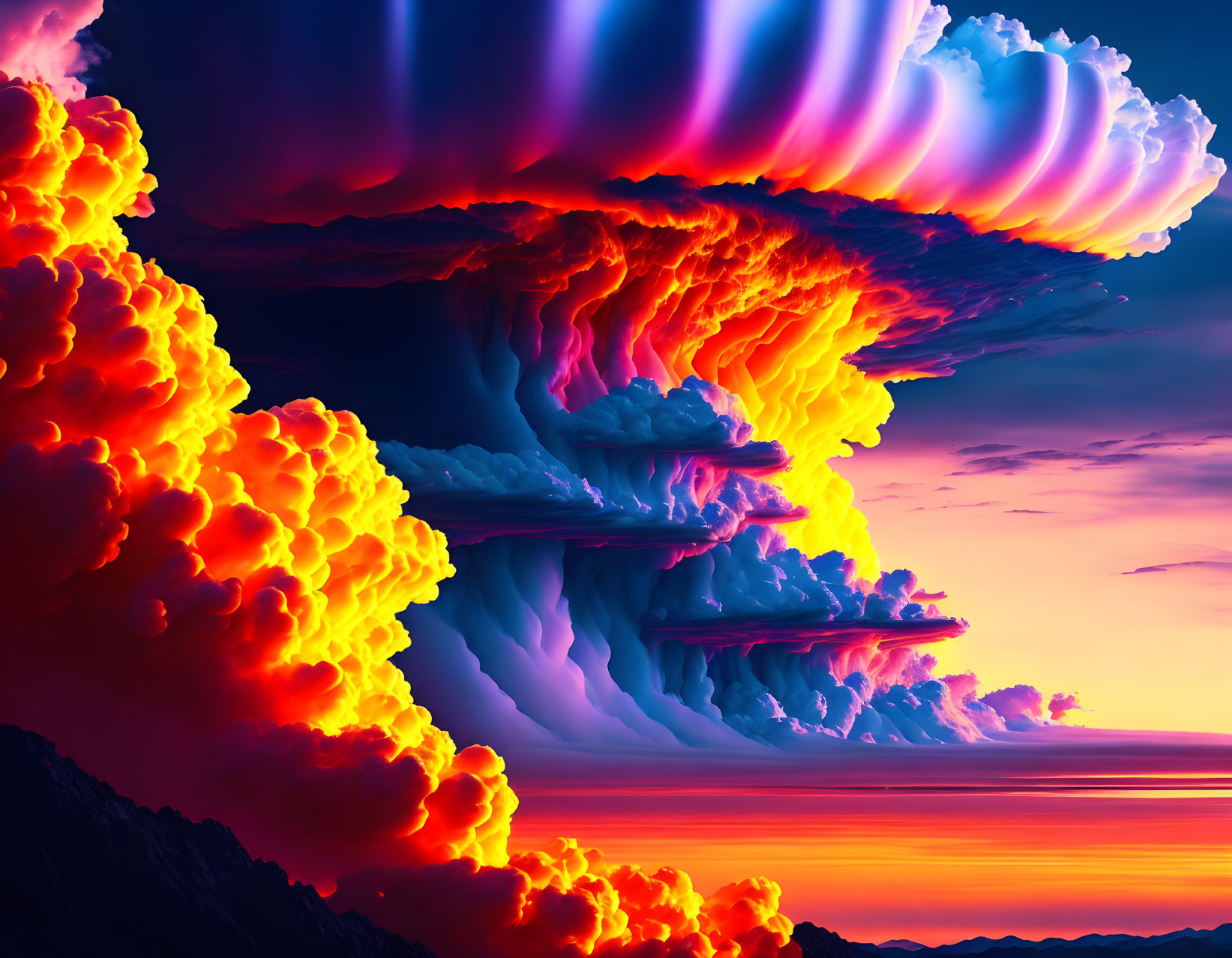 Vibrant surreal digital art: fiery clouds over rugged mountain.