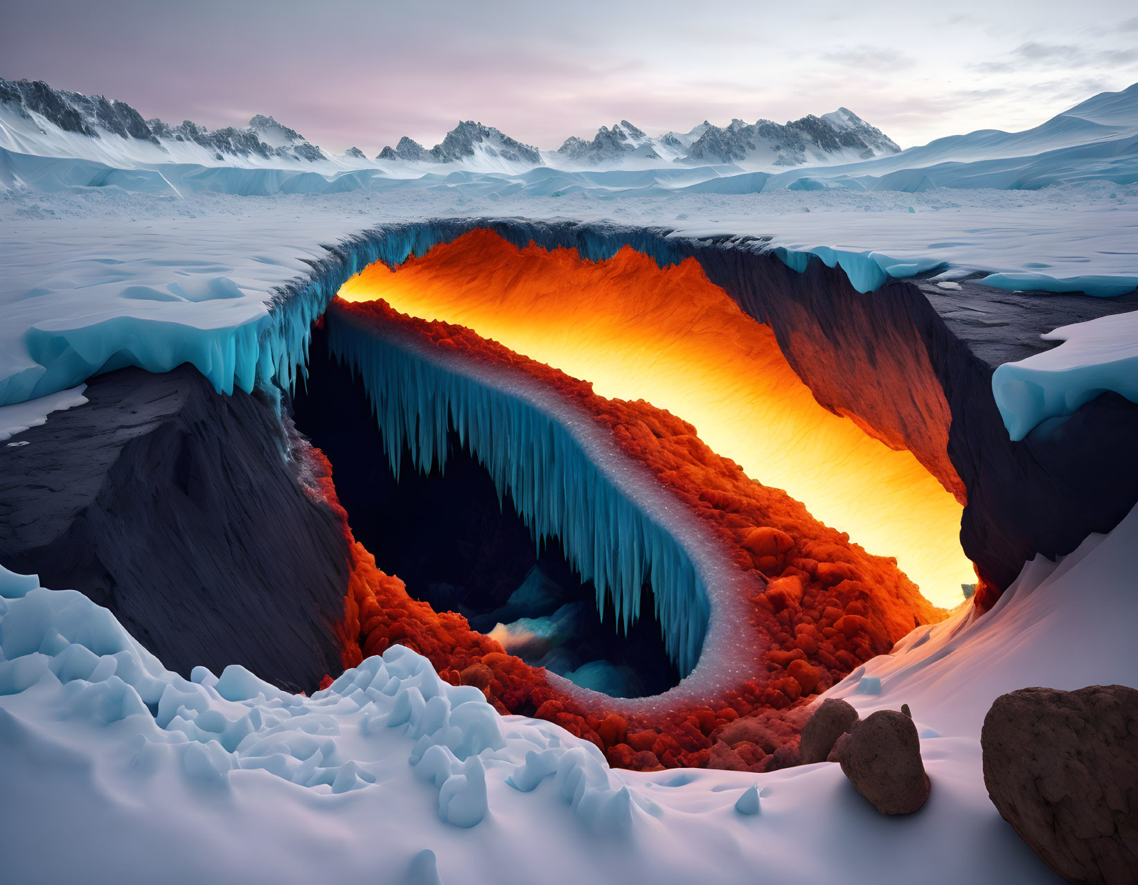 Surreal landscape with lava chasm, icy formations, and snowy mountains