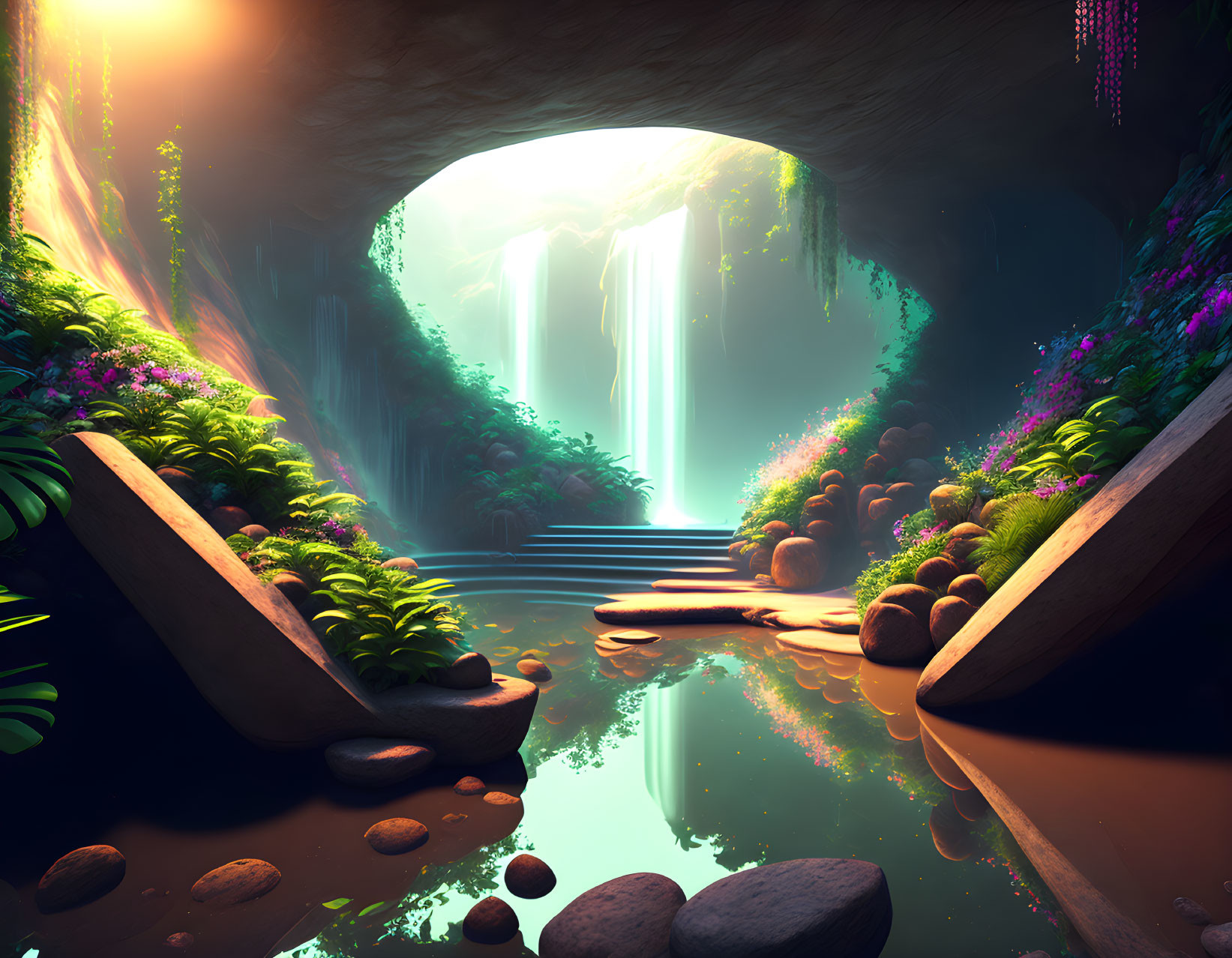 Tranquil cave with pond, lush vegetation, flowers, and waterfall