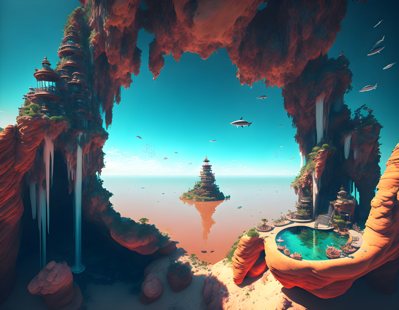 Fantastical landscape with floating islands and flying ships