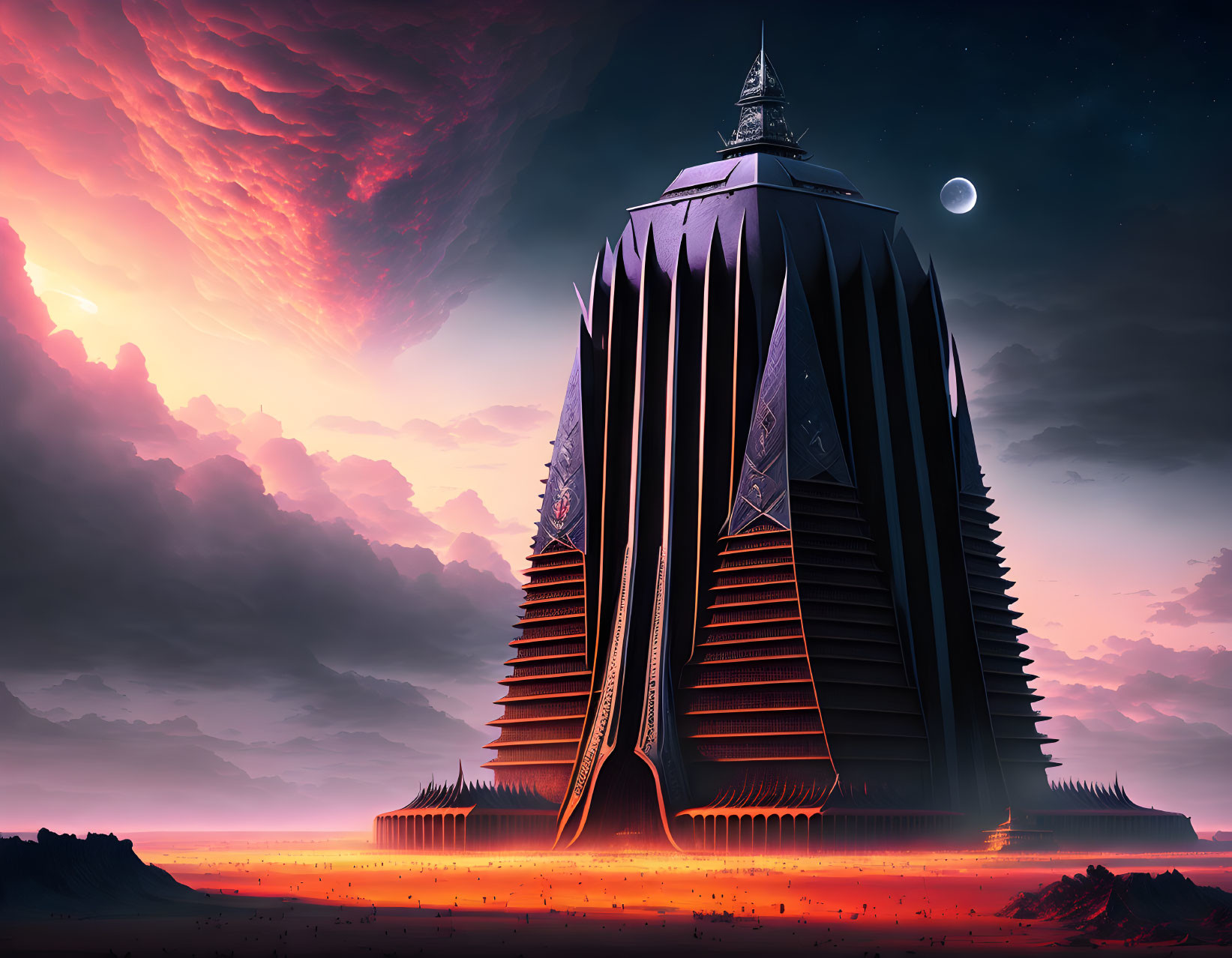 Futuristic skyscraper under crimson sky with small moon