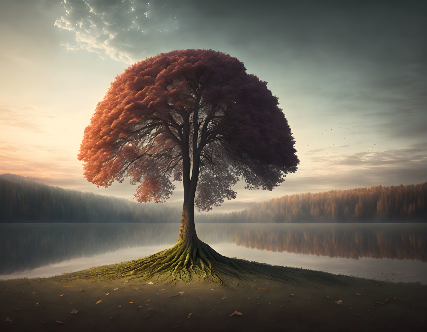 Vibrant gradient foliage on solitary tree by serene lakeshore