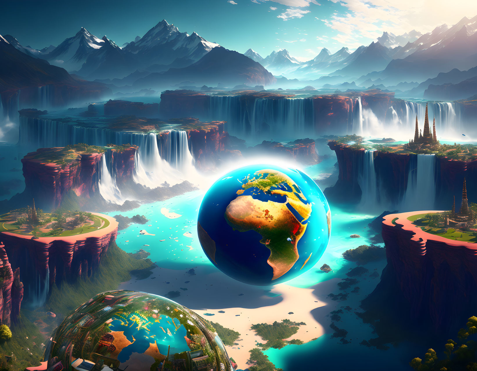 Fantastical landscape with floating globes, waterfalls, mountains, and verdant terrain