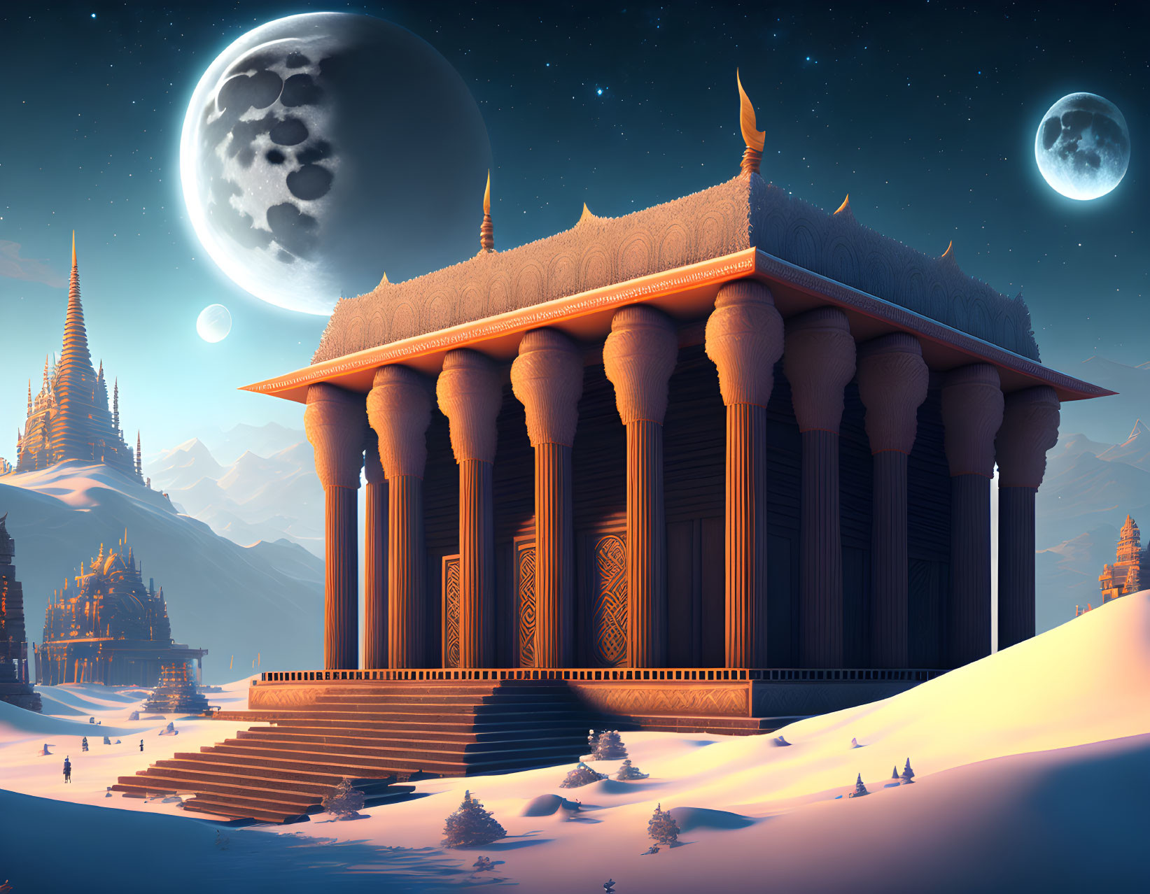 Snowy Night Landscape with Ornate Temples and Moons