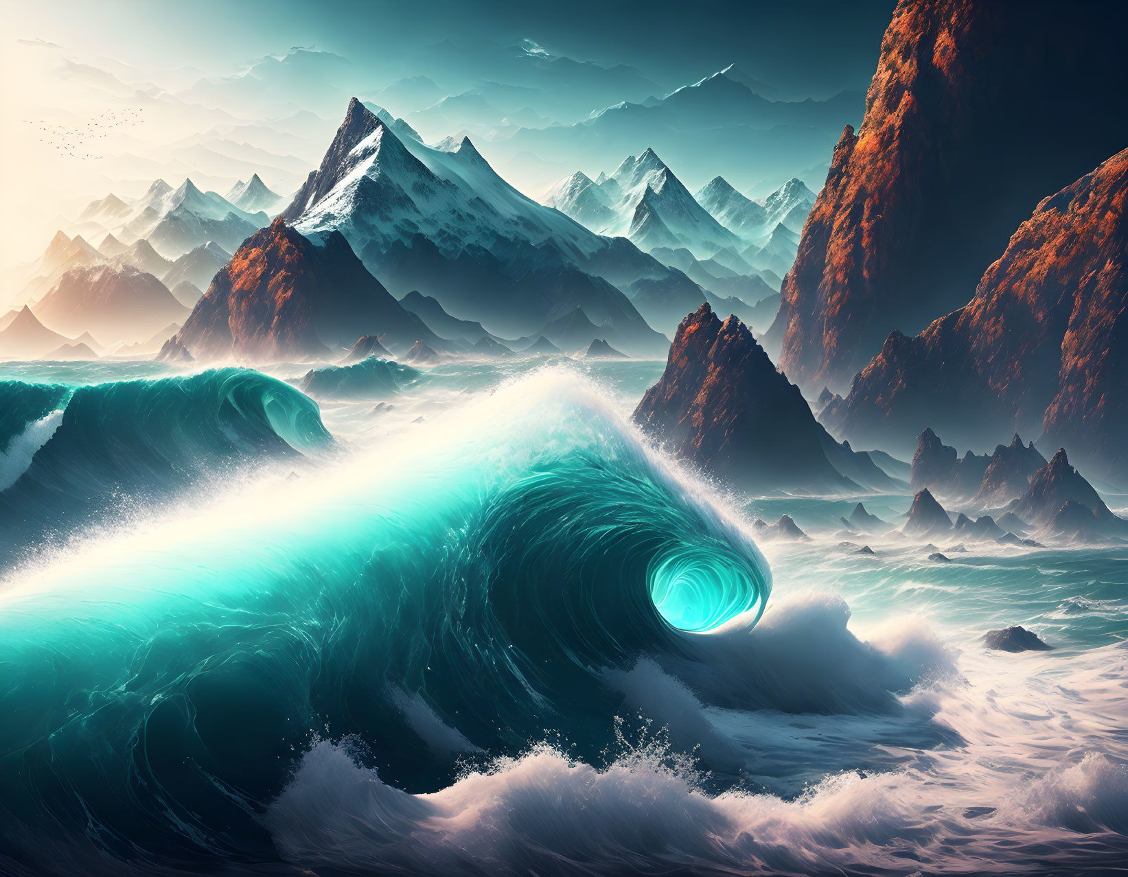 Surreal landscape: massive turquoise wave, snow-capped mountains, teal sky, orange cliffs