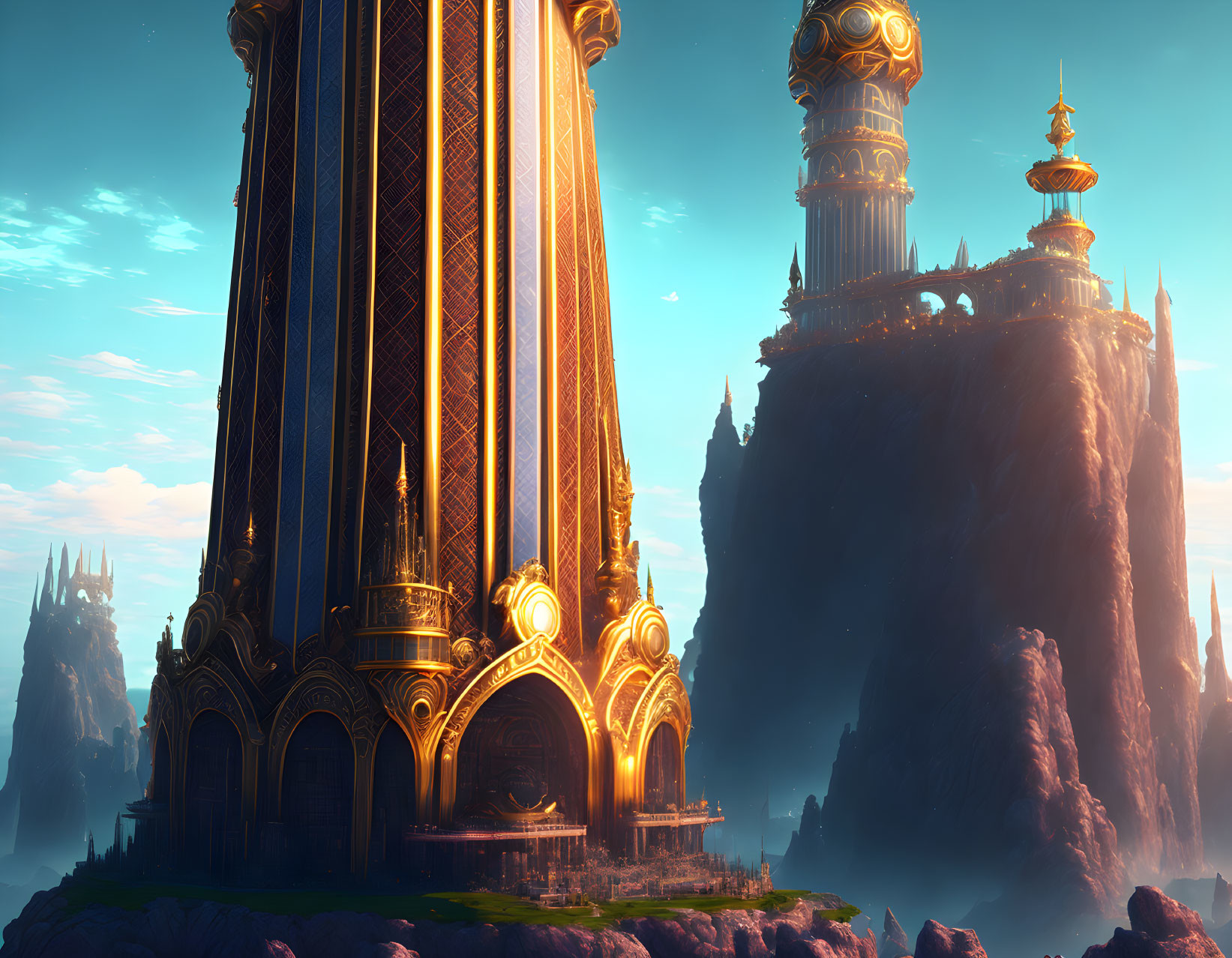 Majestic fantasy castle with golden spires on cliff under warm sky