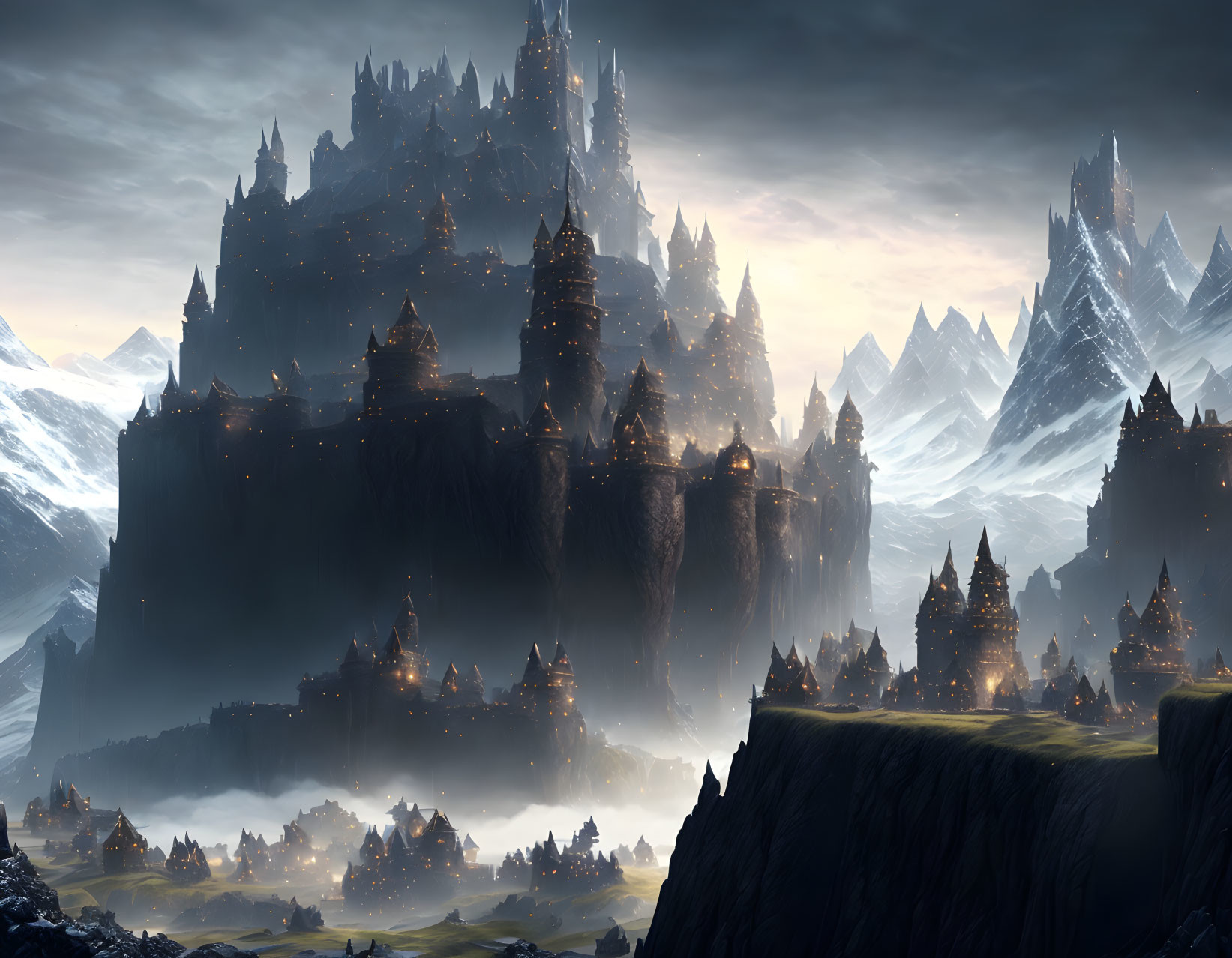 Majestic fantasy castle on cliff with illuminated towers at twilight