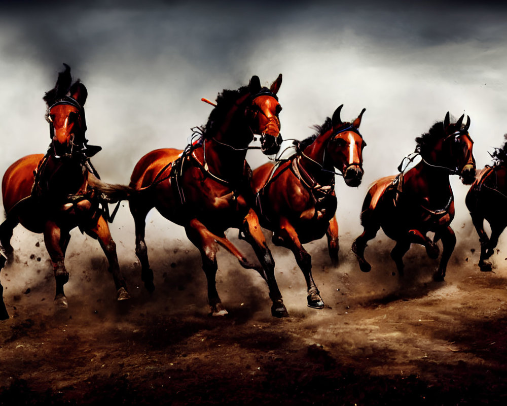 Vivid depiction of six galloping horses in dynamic motion