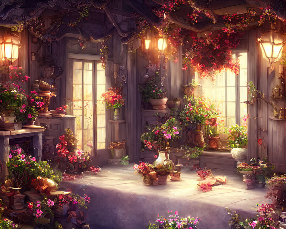 Enchanting cottage with vibrant flowers and magical glow