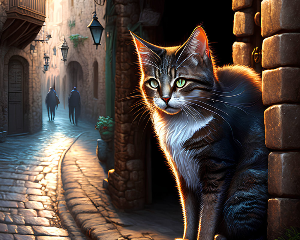 Tabby cat with striking eyes in sunlit cobblestone alley.