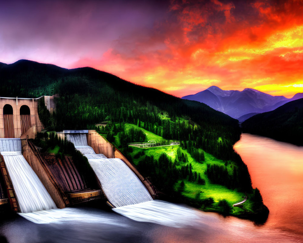 Scenic sunset view of dam releasing water into river