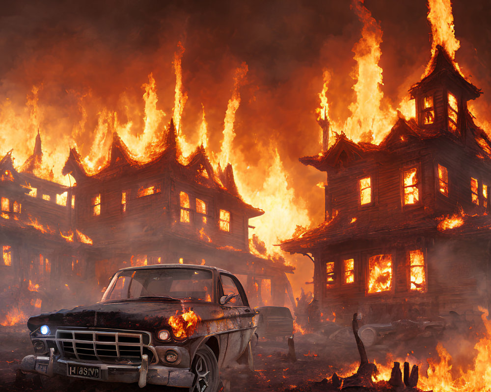 Vintage car with flaming engine and wooden structures engulfed in flames