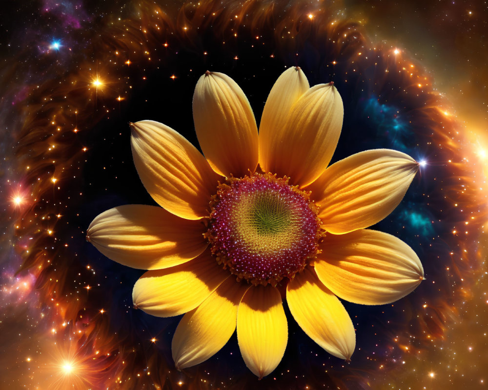 Yellow Sunflower Against Cosmic Background with Galaxies and Nebulae