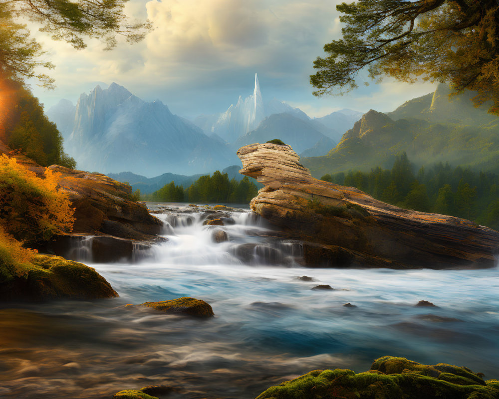 Scenic landscape with cascading river, lush trees, and mountains