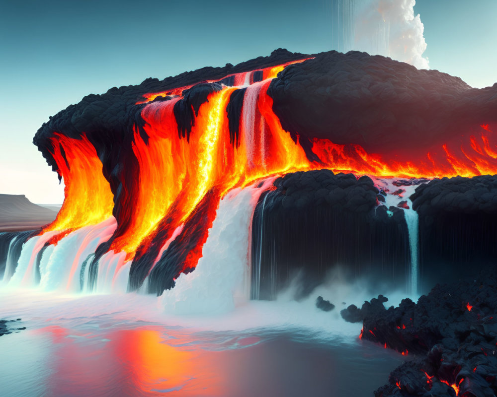 Molten lava flowing into water, creating steam and contrasting temperatures