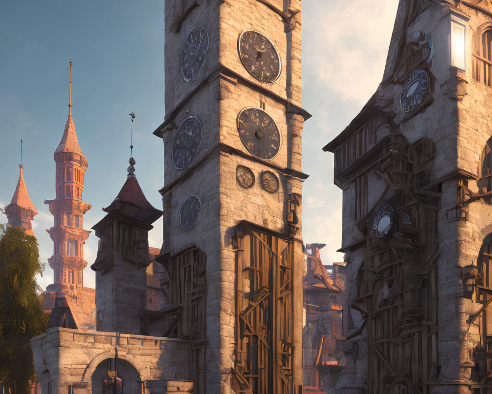 Medieval fantasy town with stone structures, clocks, and wooden balconies at sunset