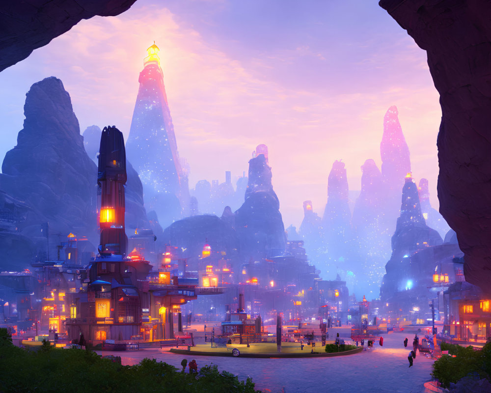 Colorful fantasy cityscape with glowing buildings and central spire at dusk.