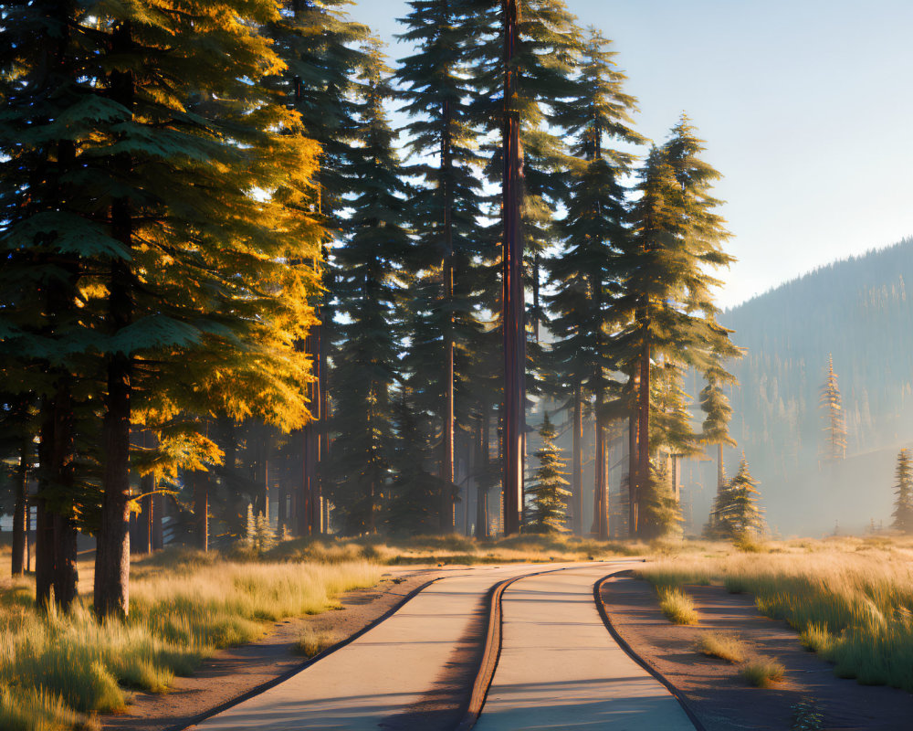 Serene forest with tall pine trees and winding road