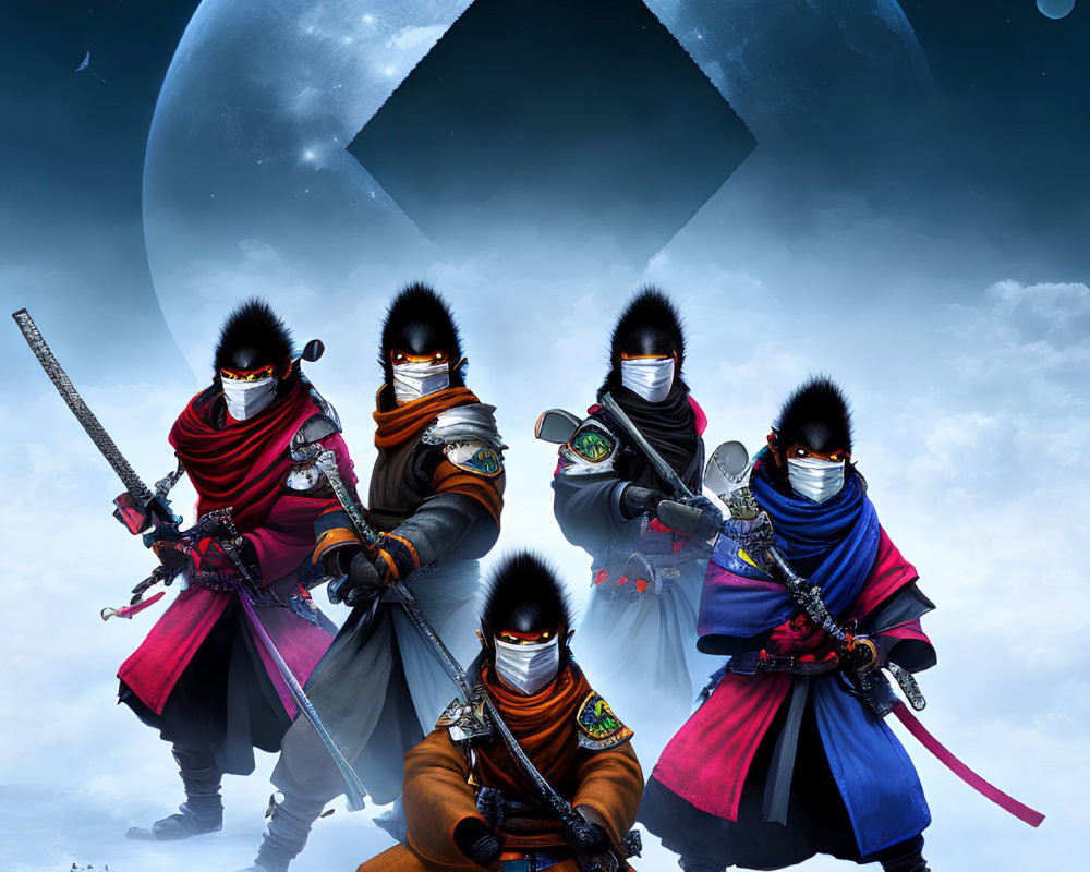 Five Colorful Ninja Characters Under Large Moon Symbol in Moody Sky