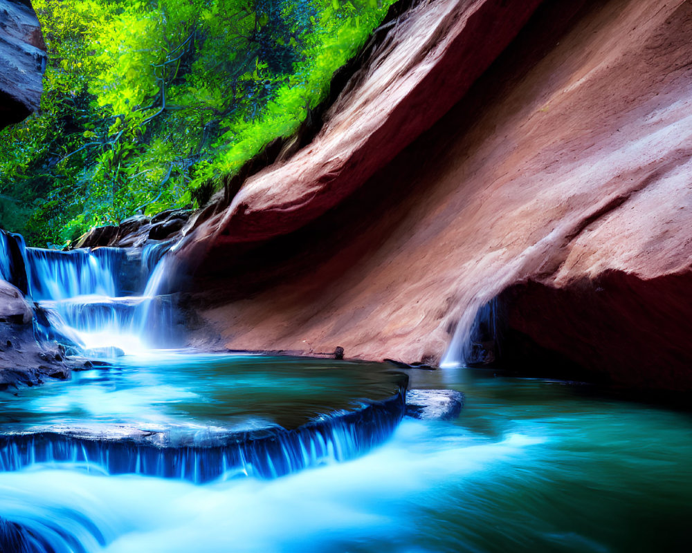 Tranquil waterfall in vibrant blue pool with lush greenery and red rock formations