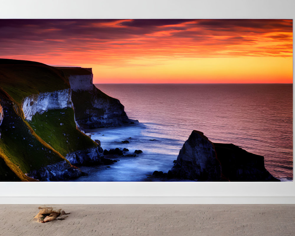 Framed Sunset Photo: Orange and Purple Skies, Coastal Seascape