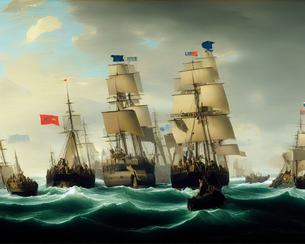 Multiple Sailing Ships in Naval Battle on Tumultuous Seas