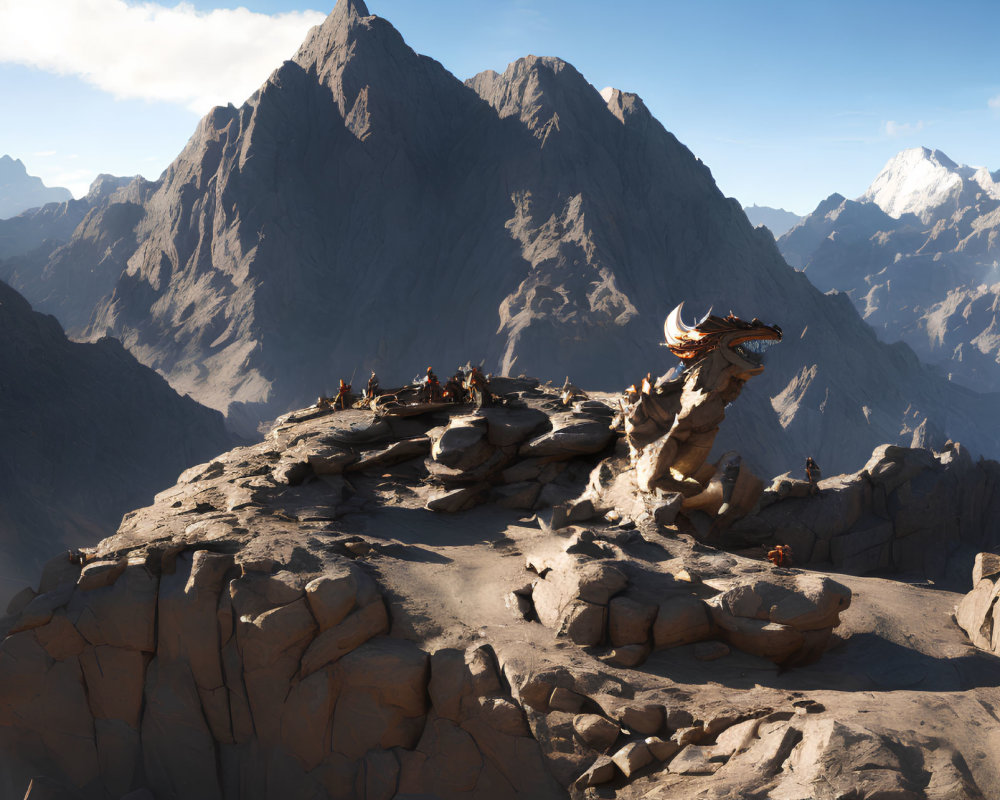 Dragon perched on rocky mountain summit with clear sky and steep peaks.