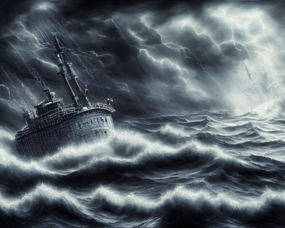 Stormy seas with lightning striking ship in fierce battle