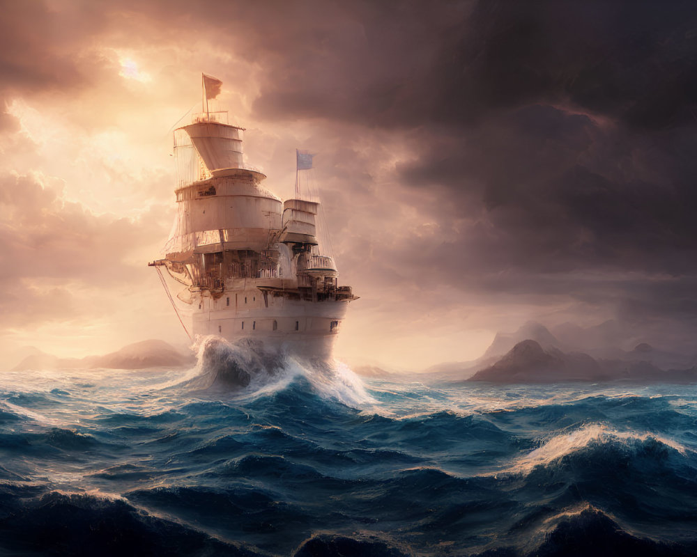 Ship navigating turbulent seas under dramatic stormy sky