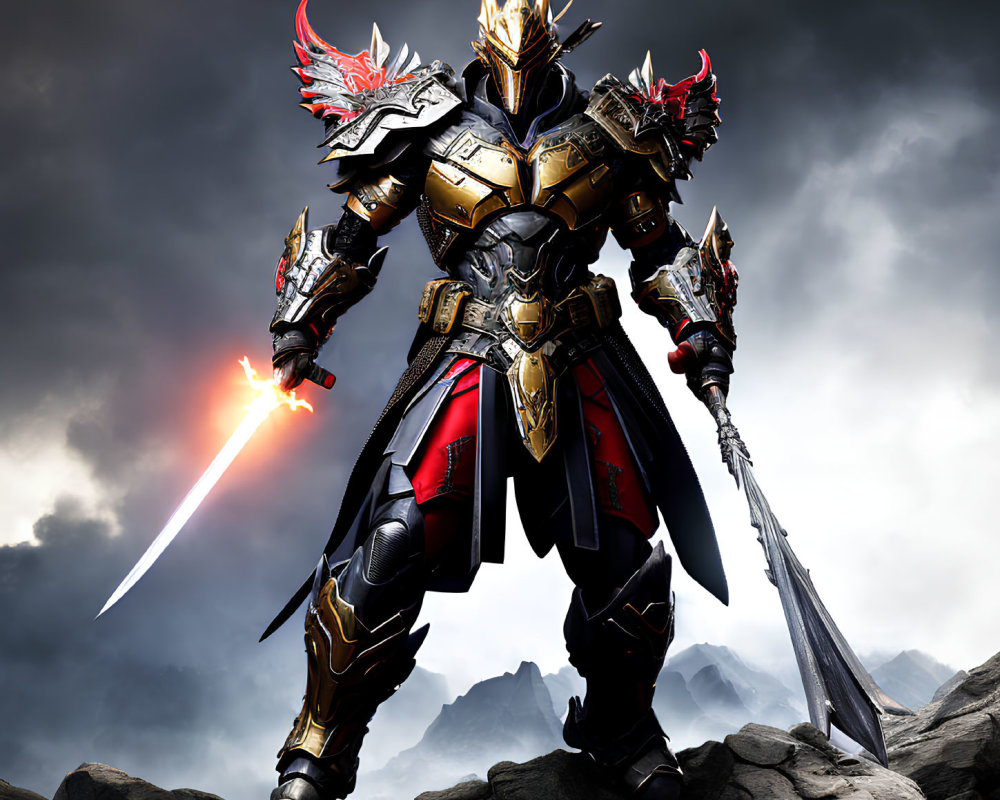 Armored knight with fiery sword on rocky terrain under stormy sky