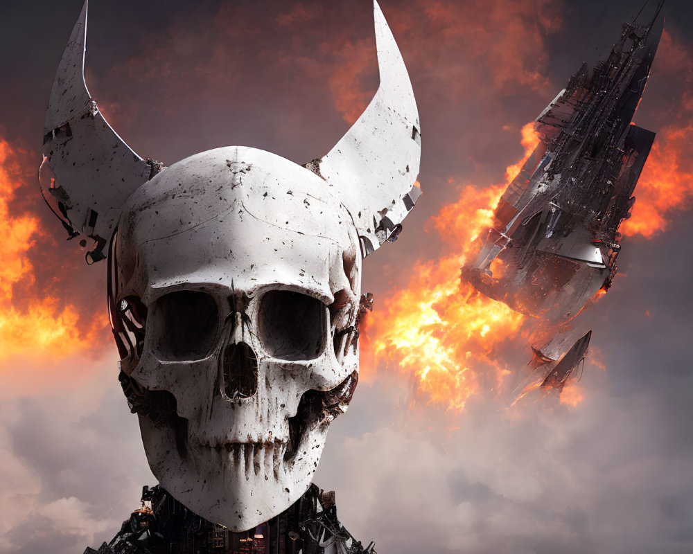 Giant skull with horns in fiery sky with wrecked spaceship.