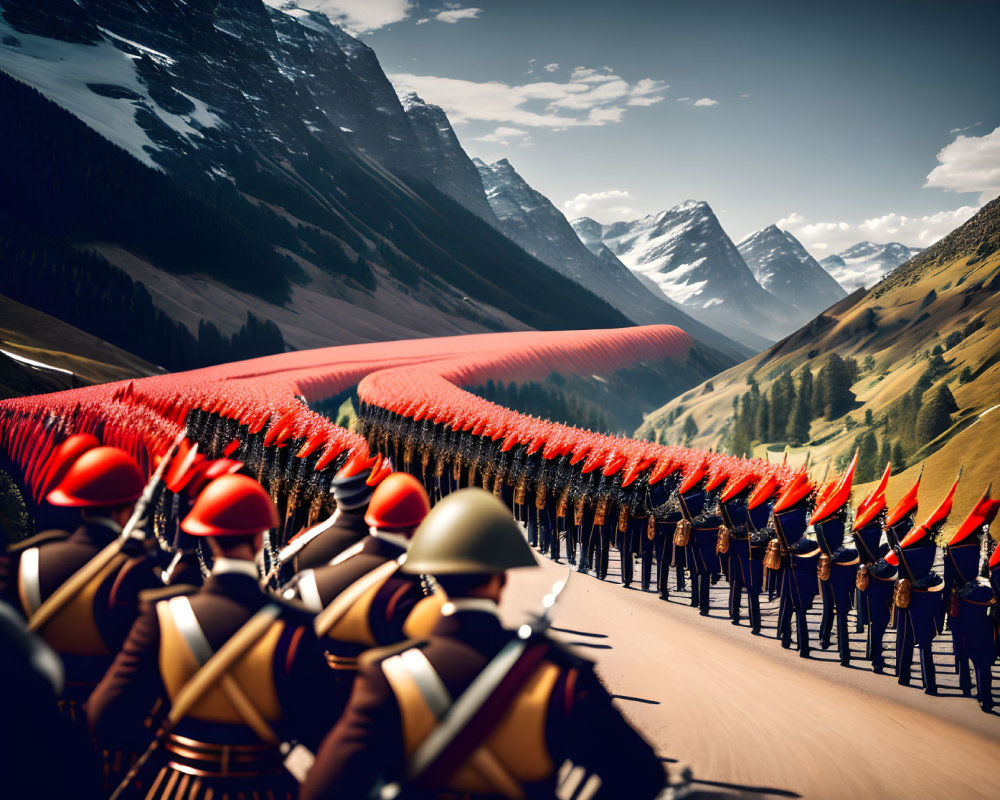 Historic soldiers in red plumed uniforms marching in mountain valley