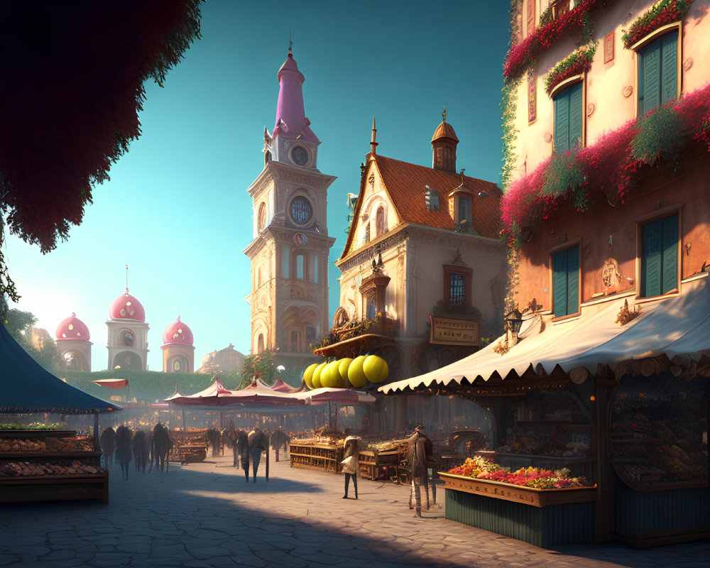 Vibrant fantasy town marketplace with clock tower and stalls