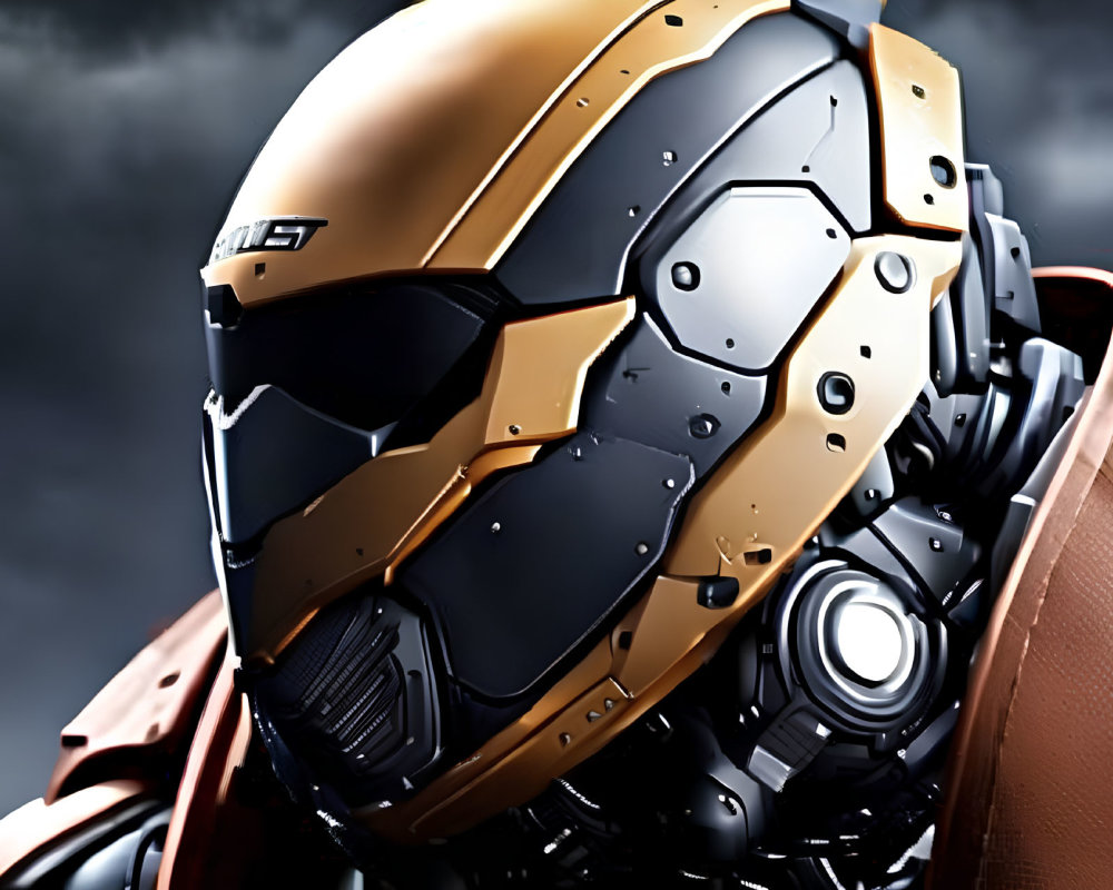 Futuristic gold and black helmet against cloudy sky