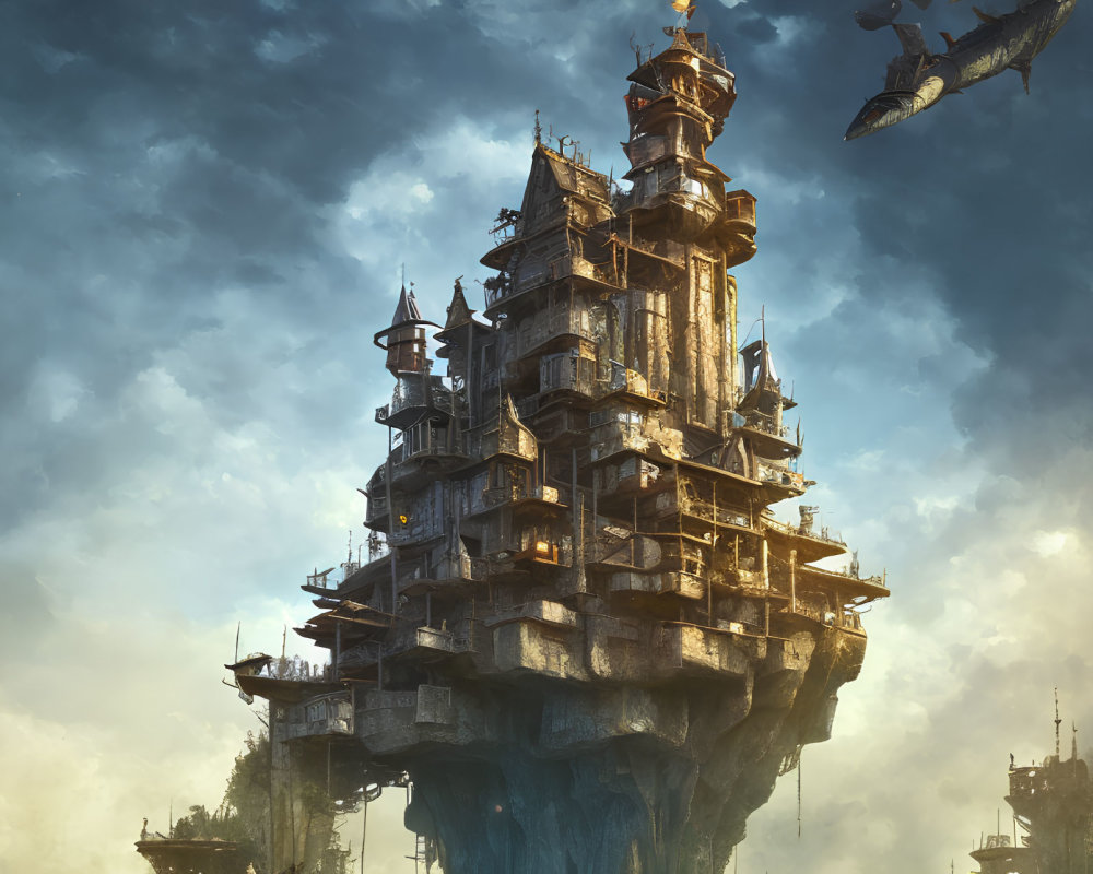 Fantastical floating rock island with towering castle and flying ships in dramatic sky.