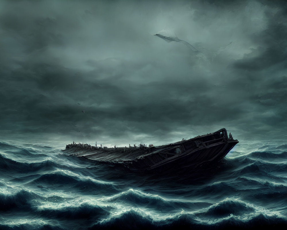 Dark seascape with derelict ship on tumultuous waves and stormy sky.