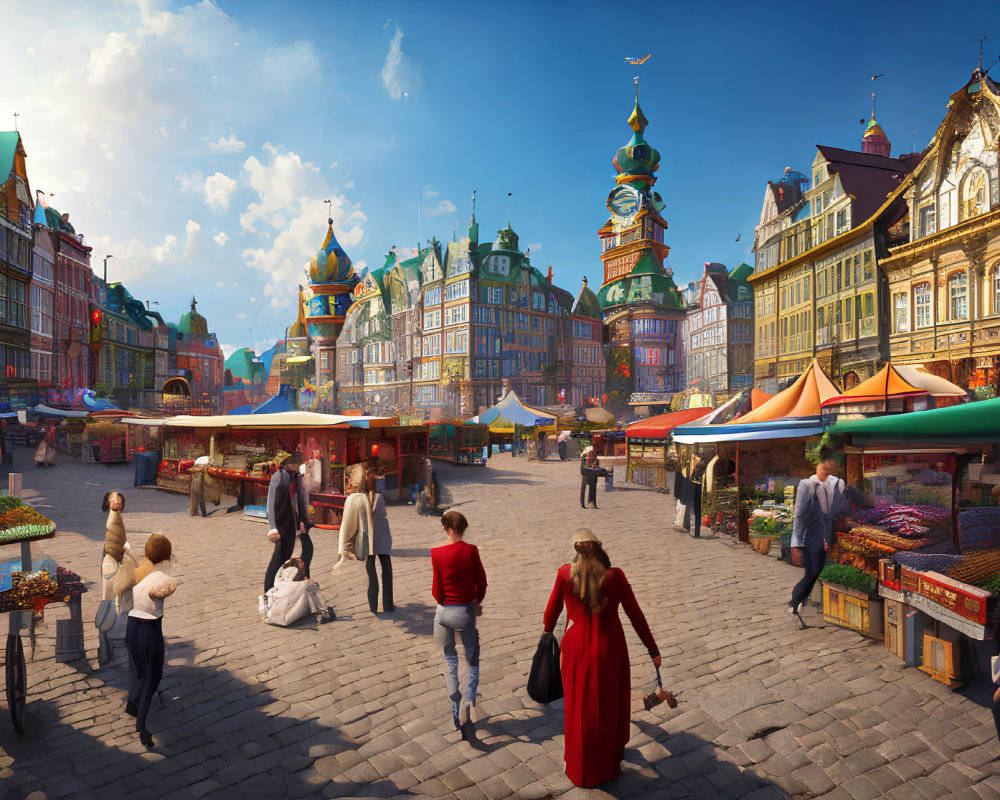 Vibrant animated market square with colorful stalls and people shopping