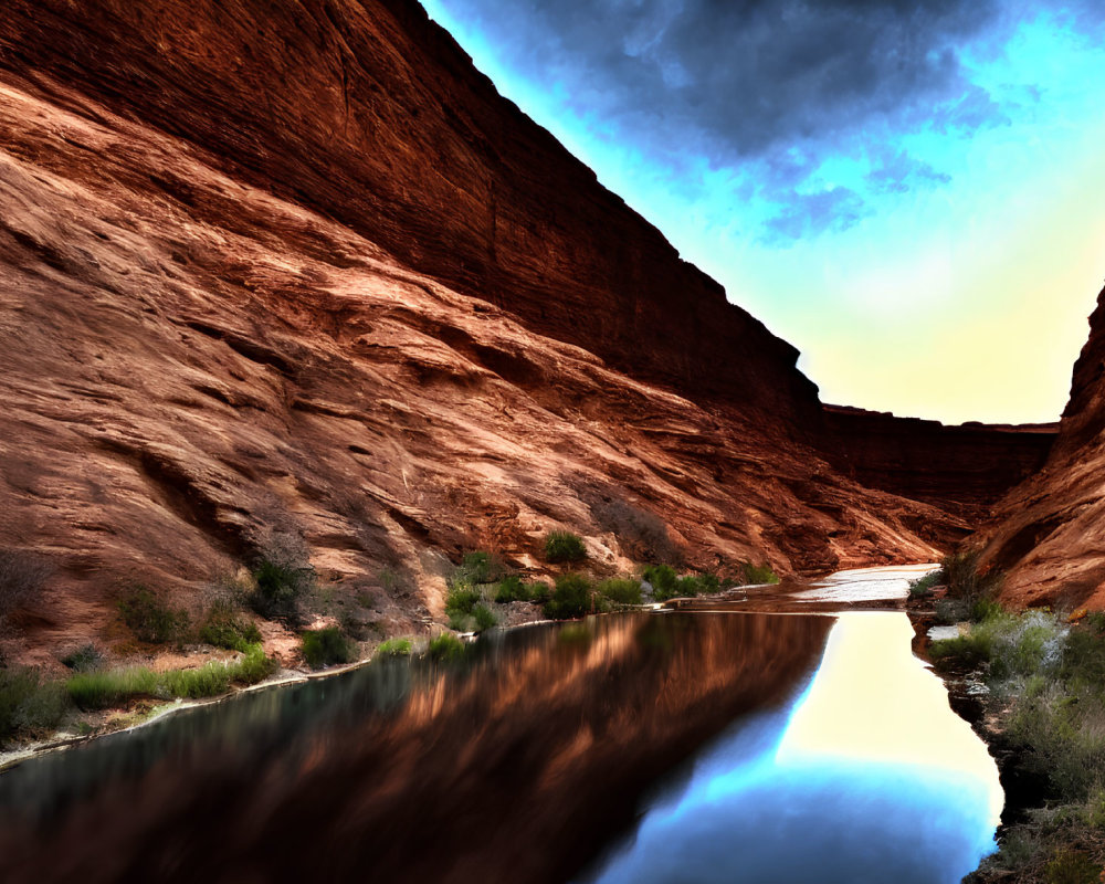 Tranquil river in red canyon under wispy cloud sky