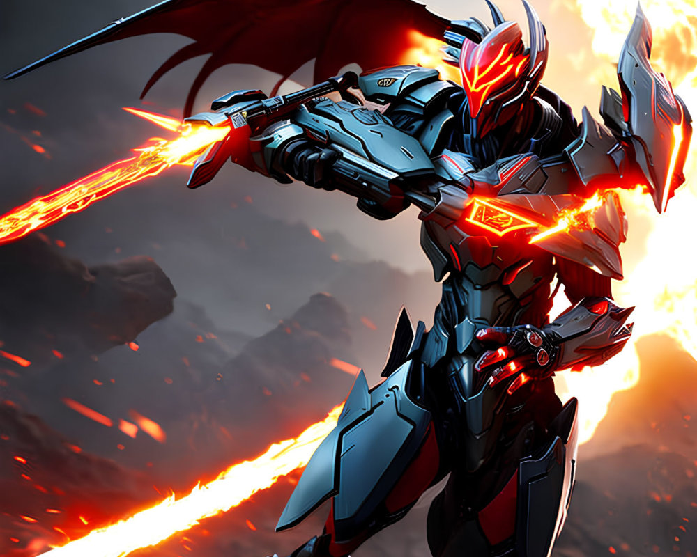 Red and Blue Armored Mech with Fiery Sword on Volcanic Battlefield