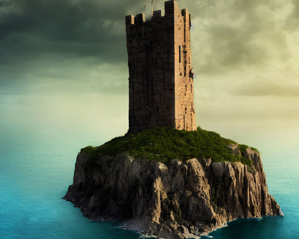 Ancient stone tower on lush cliff by the sea under dramatic sky