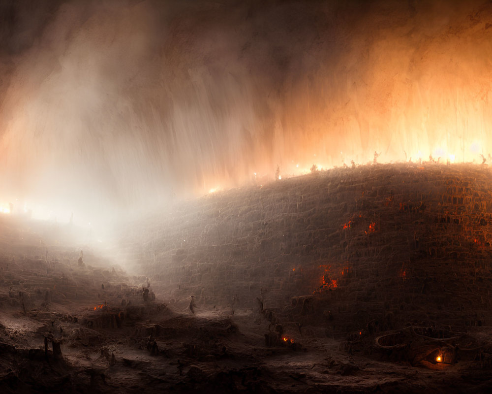 Mysterious underground cavern with fiery light and scattered figures.