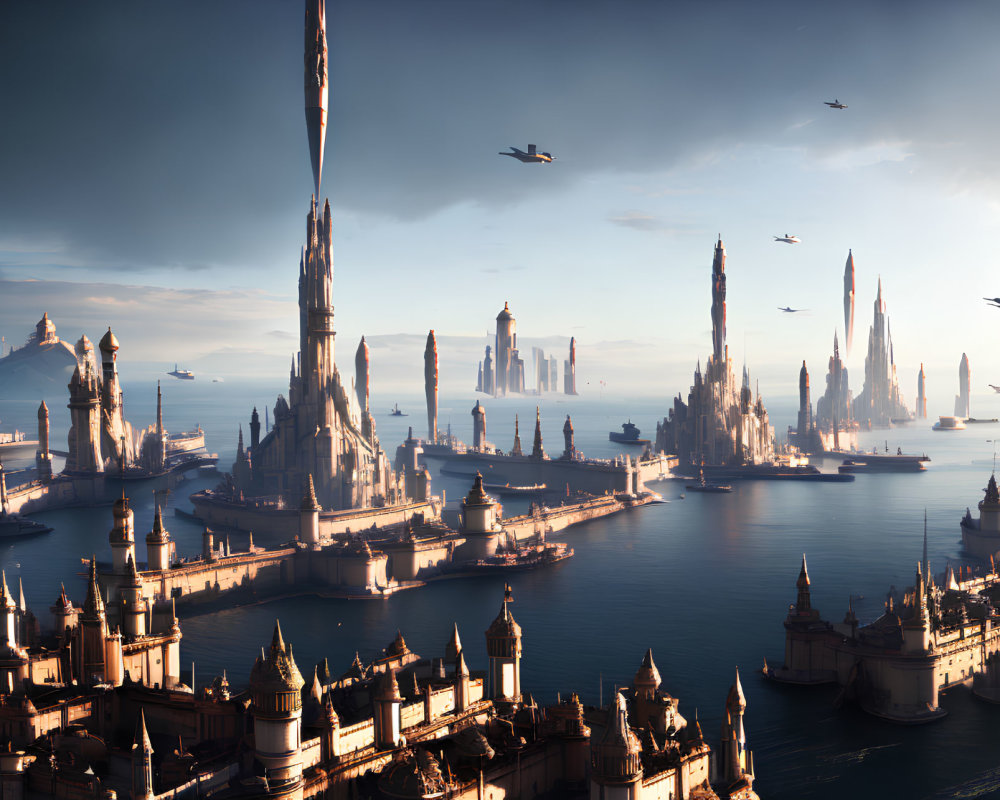 Futuristic cityscape with tall spires and flying vehicles